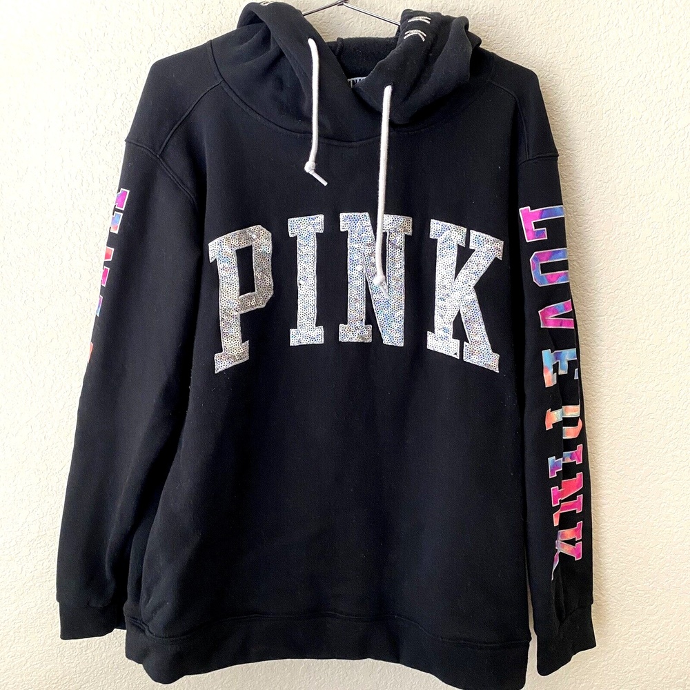 Pink Victoria's Secret Womens Bling Watercolor Hooded Pullover Sweater Size L - Picture 1 of 7